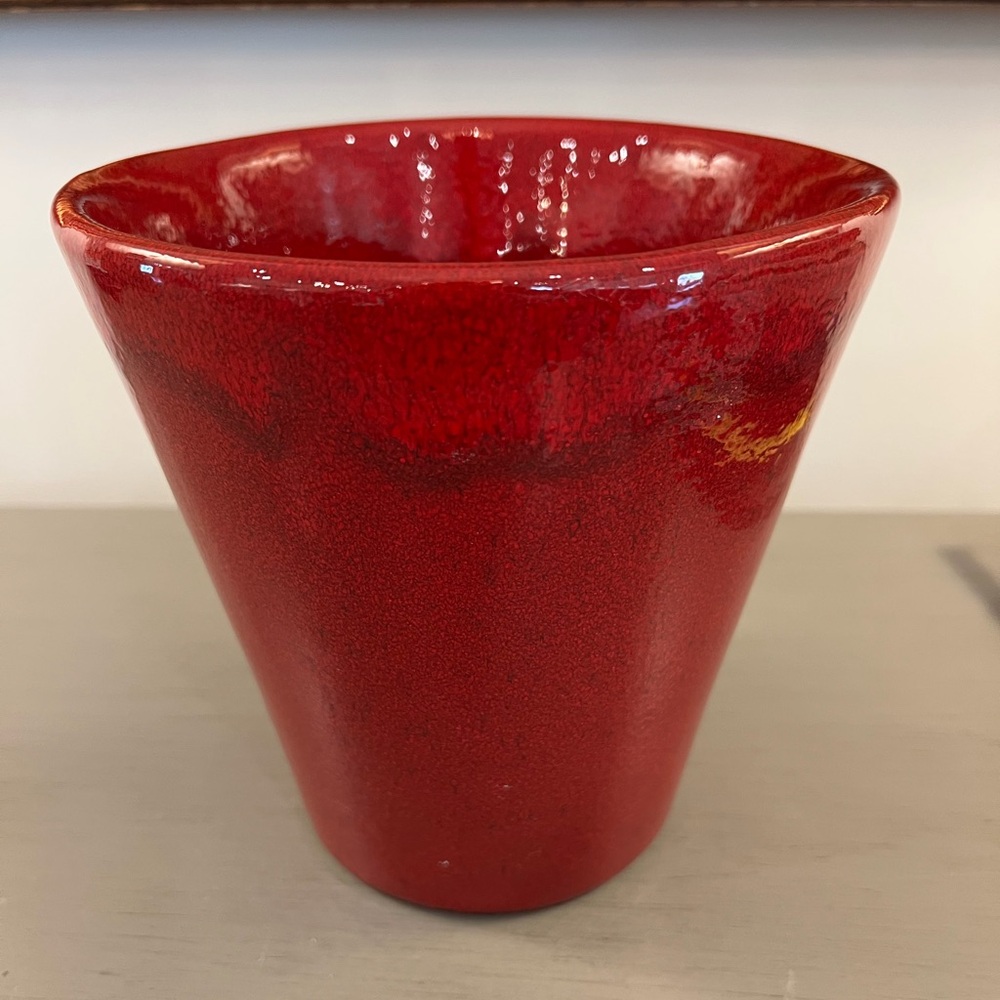 Vintage Norterra Portugal Hand Thrown Pottery Planter 7” Red Drip Glaze Stamped